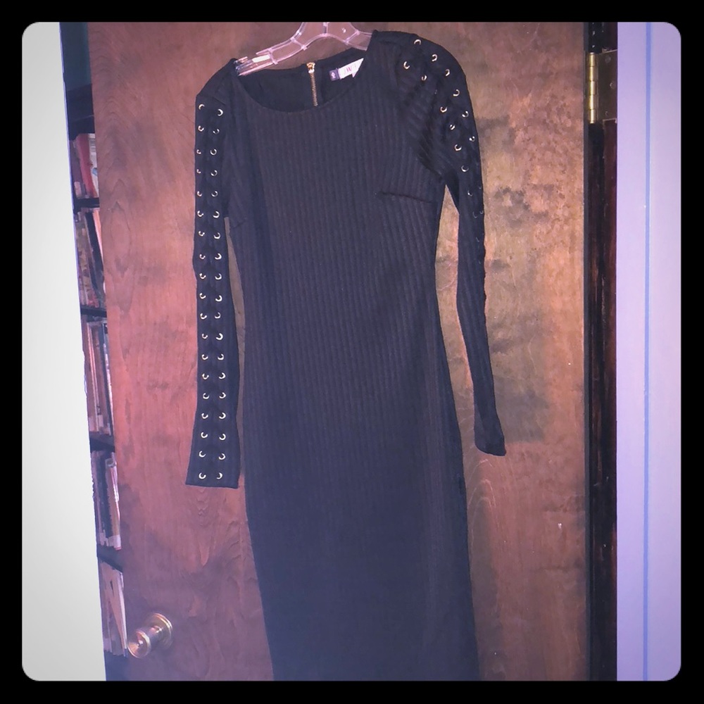 Black mid dress with gold lace up sleeves